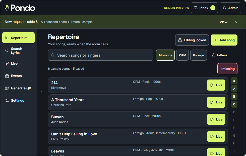 Pondo dark-mode repertoire with sample songs